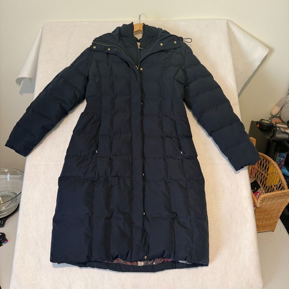 Cole Haan Signature Women's Large Navy Blue Long Down Puffer Parka Hooded Coat